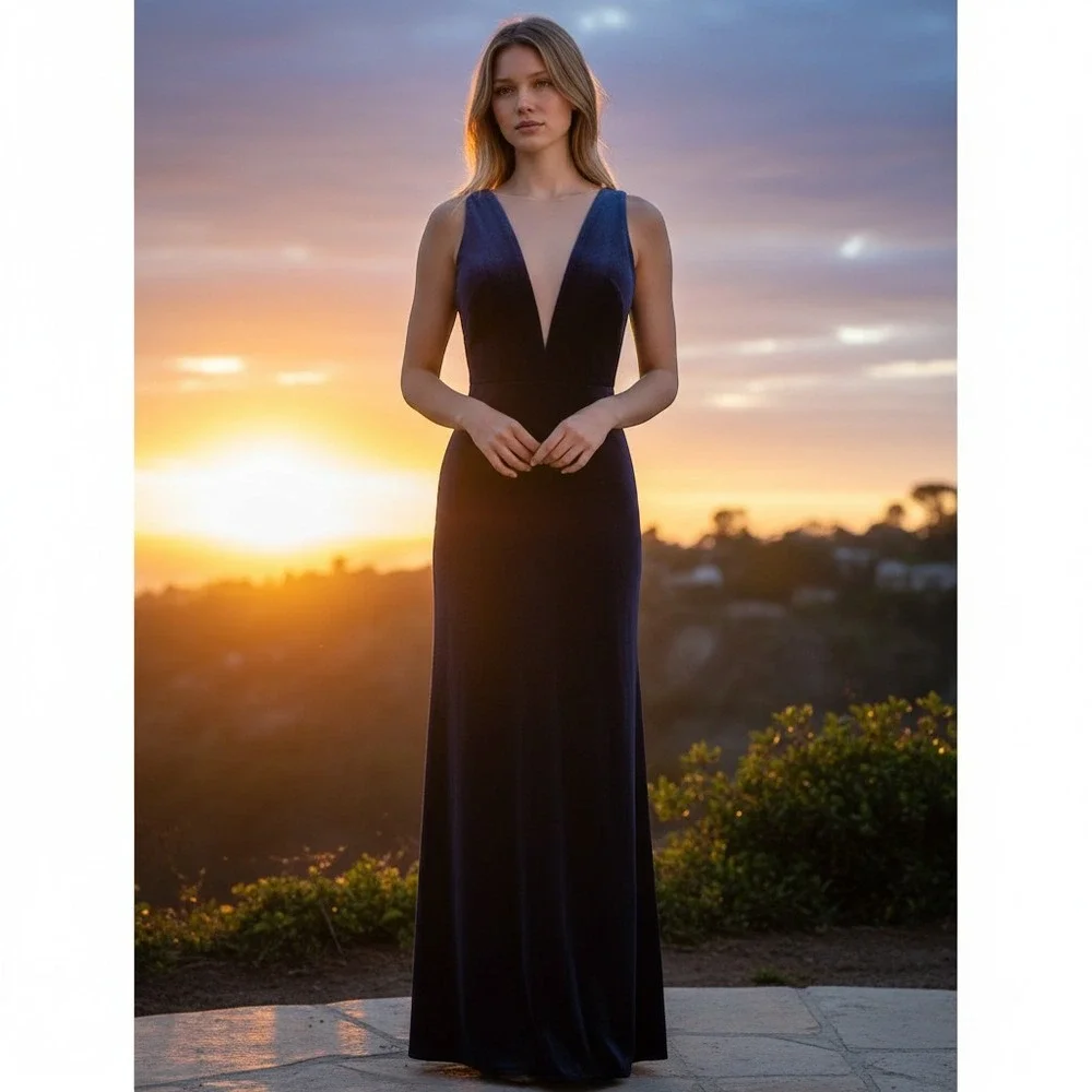 Jenny Yoo Velvet‎ Plunge Gown Womens Sz 0 Navy Blue Formal Maxi Bridesmaid Dress